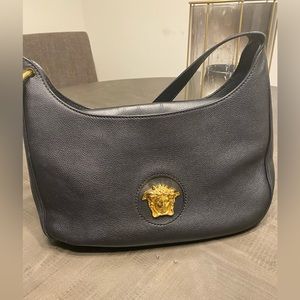 VERSACE Calfskin La Medusa Medium Hobo Crossbody Black.